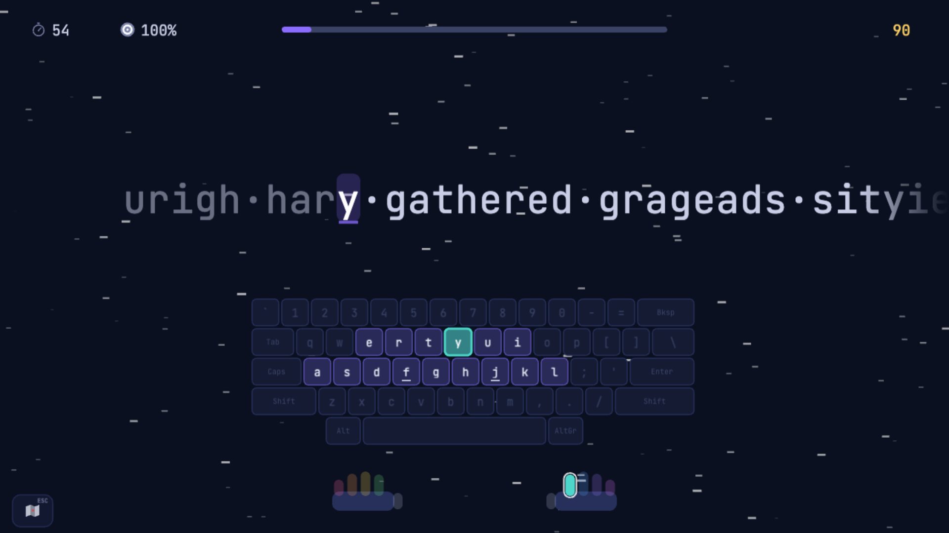 A practice round with the on-screen keyboard and hands guiding the next key